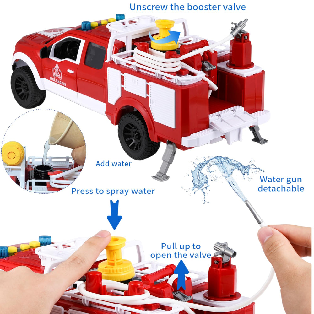 DDZOOU Big Fire Truck Toy water jets in action encourage sensory play.