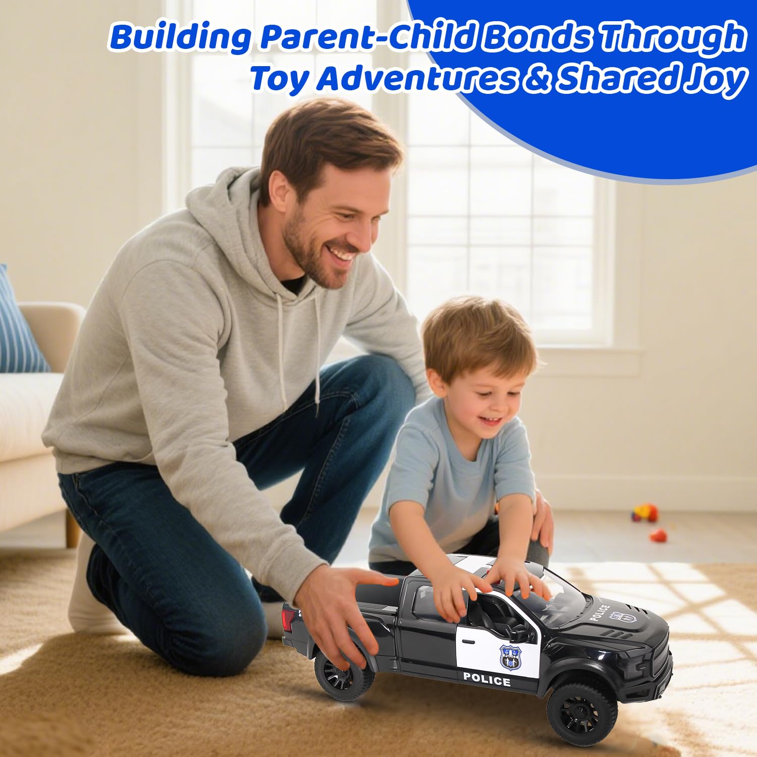 DDZOOU police pickup toy in motion with smooth push-and-roll action.