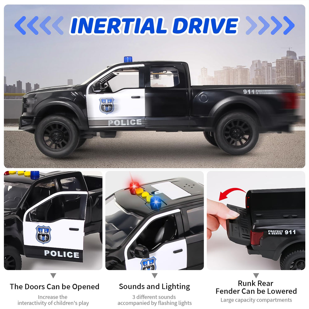 DDZOOU police pickup toy with tailgate for cargo pretend missions.