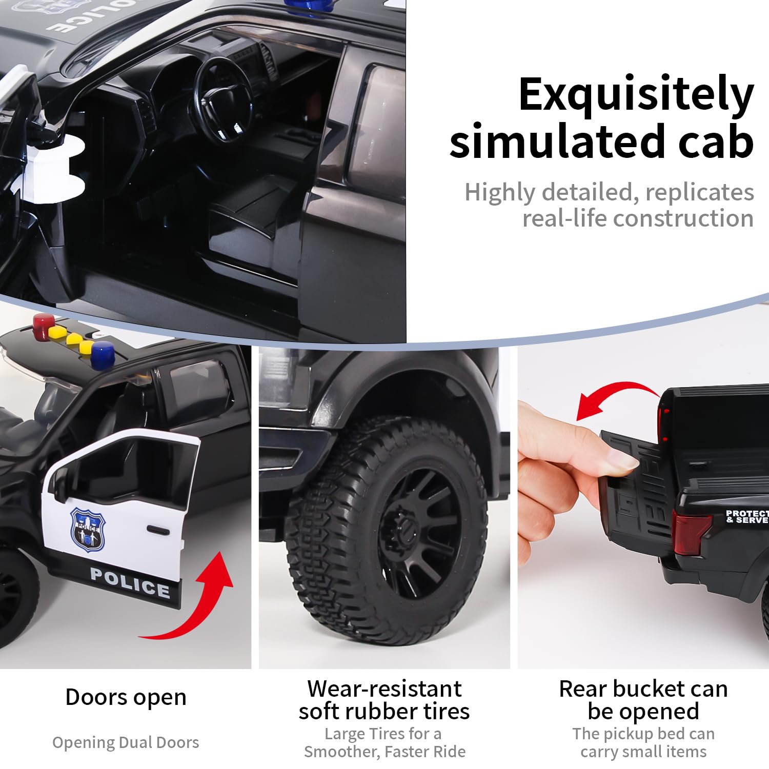 DDZOOU police pickup toy with canoe enables land and water adventures.