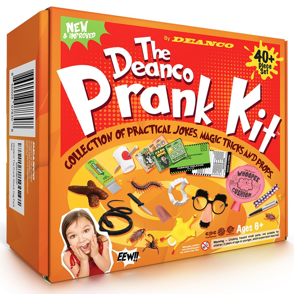DEANCO Prank Kit box open showing diverse gag props for memorable pranks.