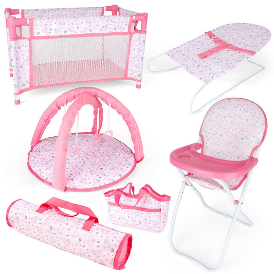 deAO Baby Doll Crib in pink for realistic playtime and nurturing.