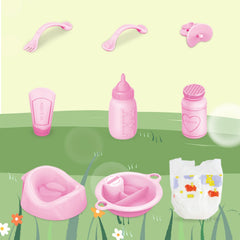 The deAO Baby Doll Set bottle facilitates lifelike feeding scenarios.