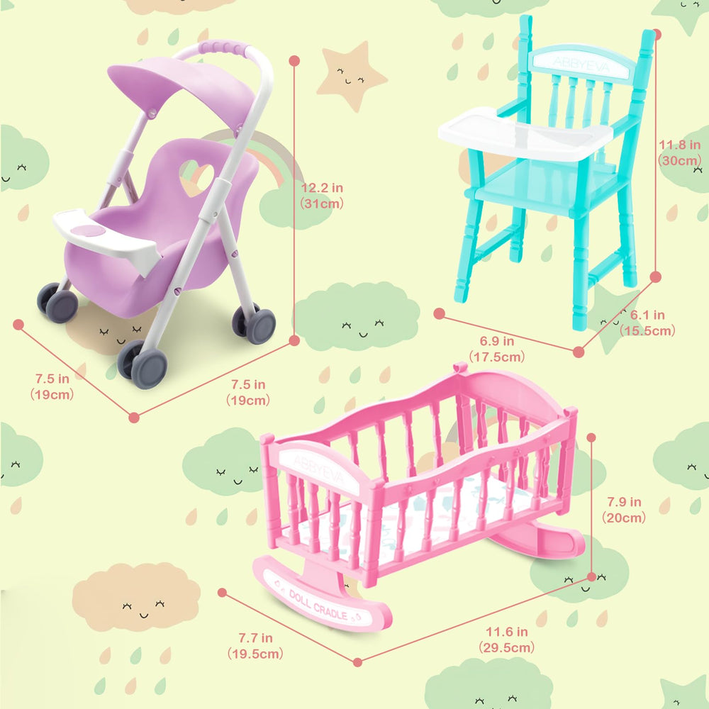 The deAO Baby Doll Set cradle completes the miniature nursery scene.