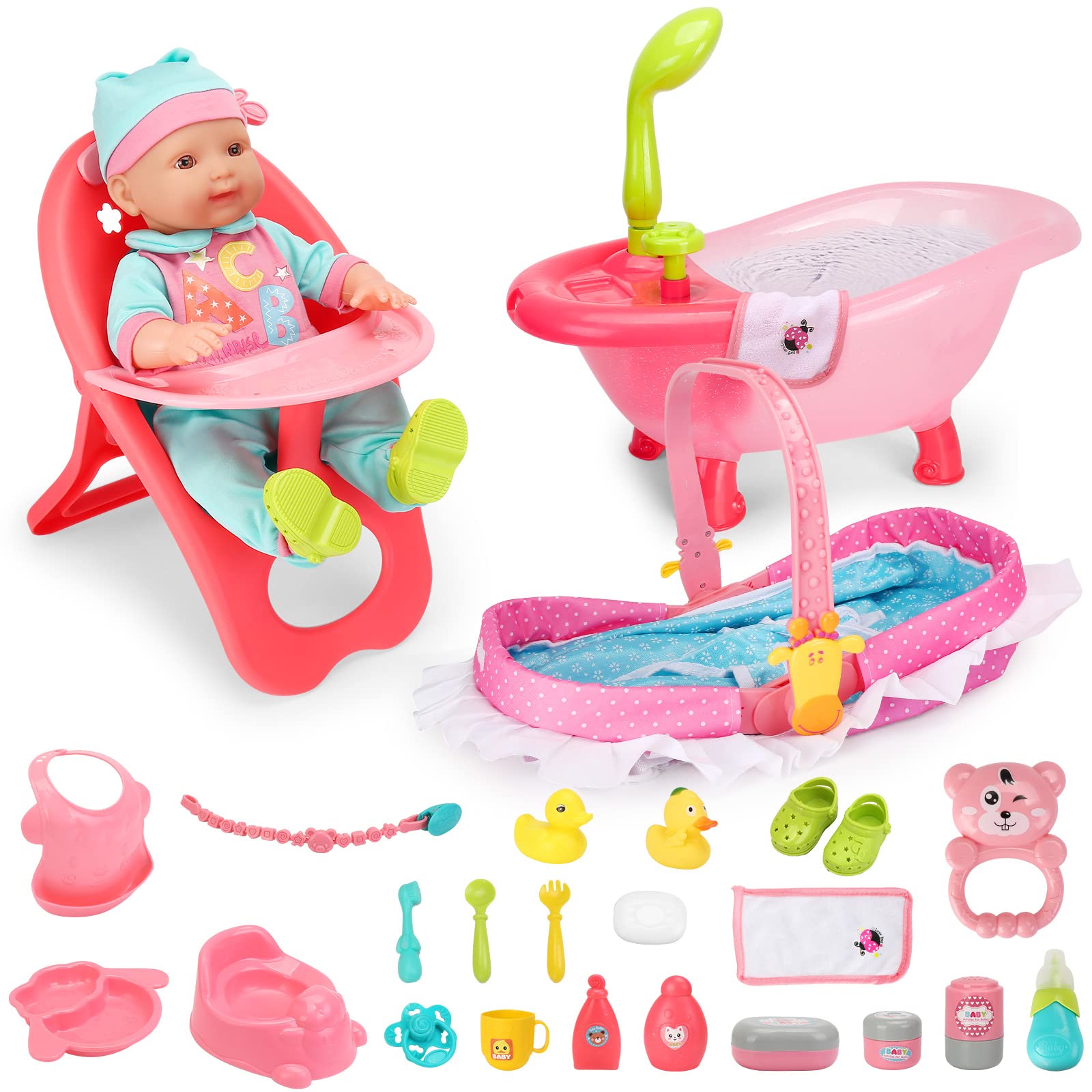 deAO Baby Doll Set feeding bottle and cup to spark nurturing routines