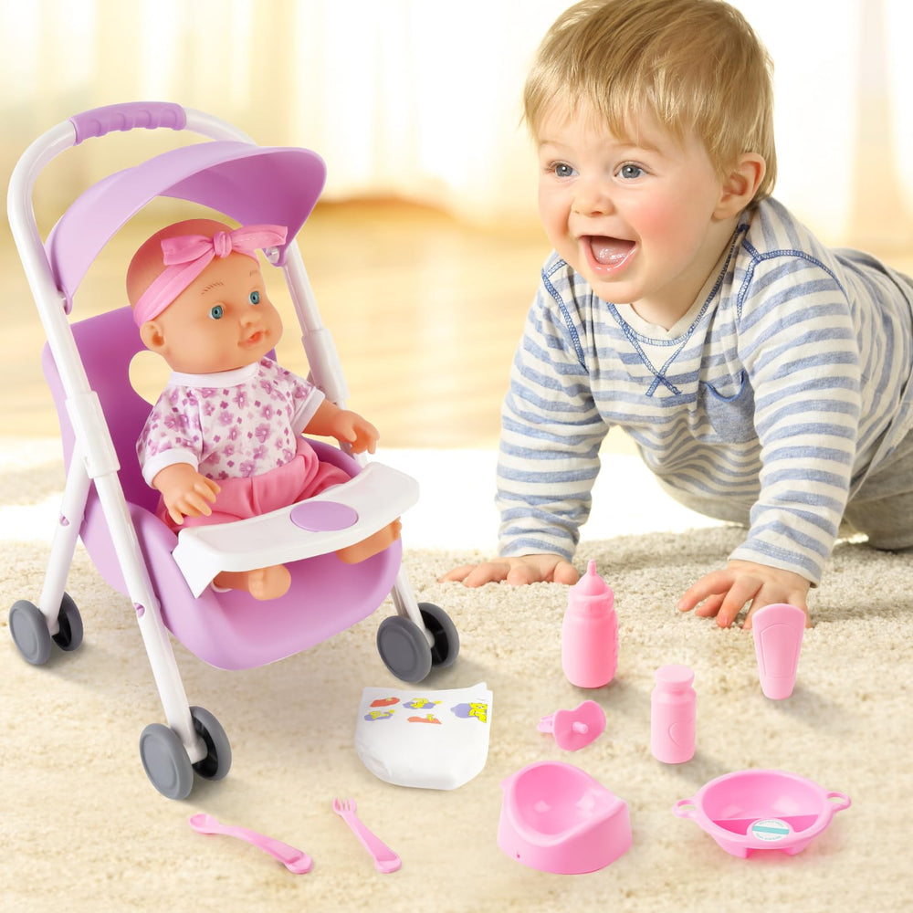 The deAO Baby Doll Set mobile high chair adds realistic mealtime pretend.