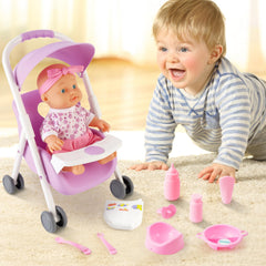 The deAO Baby Doll Set mobile high chair adds realistic mealtime pretend.