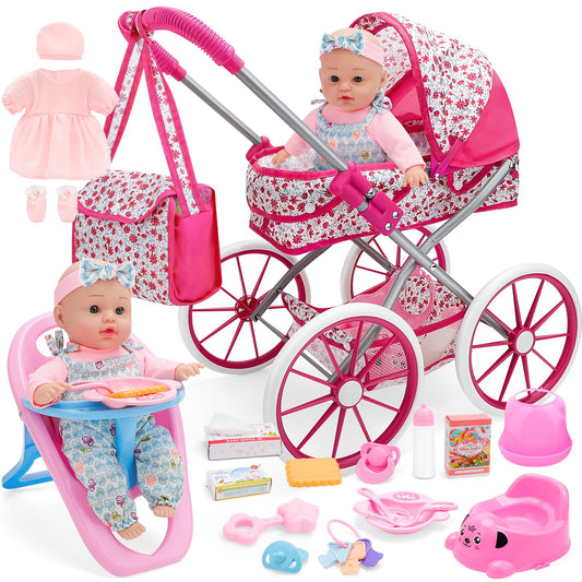 deAO Baby Doll Stroller Set foldable stroller for imaginative play and easy storage.