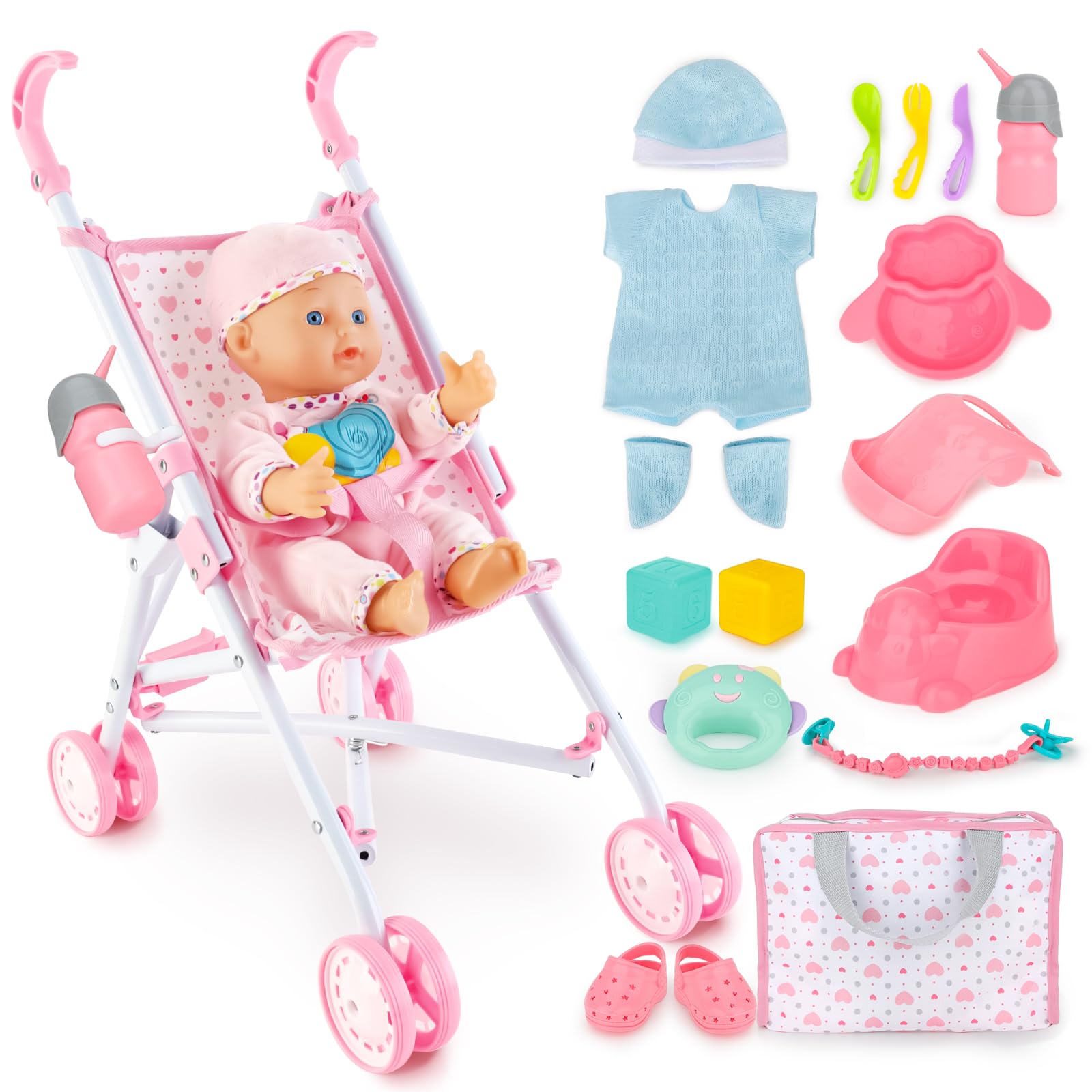 deAO baby doll stroller foldable in action, easy to store after playtime.
