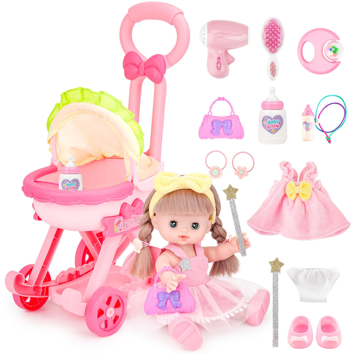 deAO baby doll stroller foldable, easy storage and smooth rolling for little caregivers