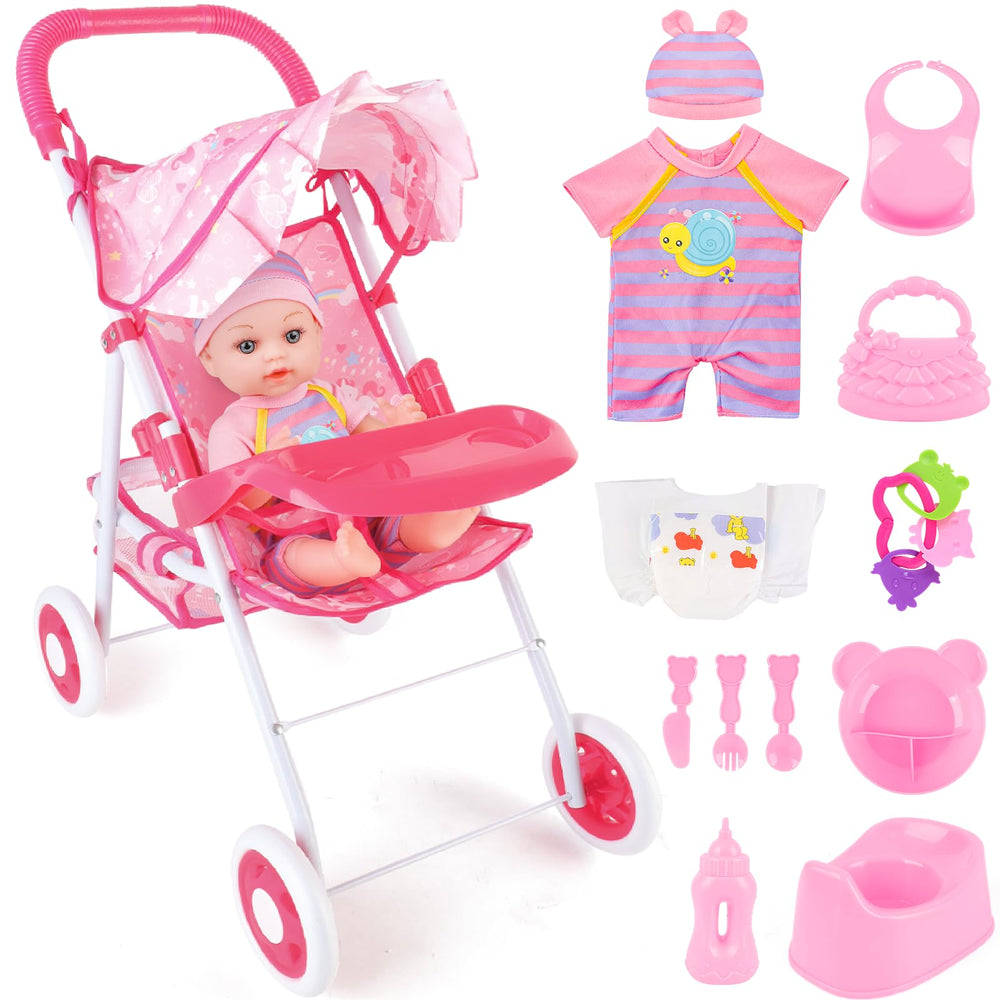 deAO baby doll stroller foldable—smooth, compact design for easy storage during play