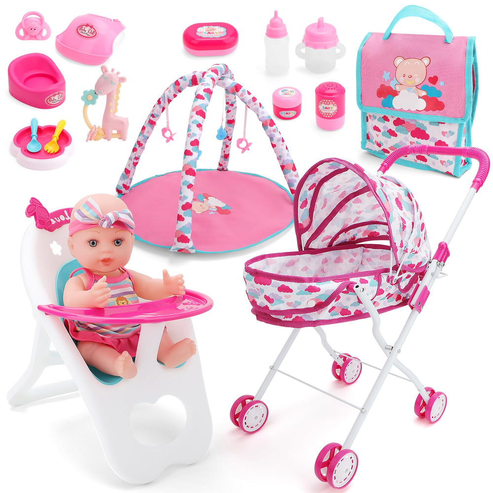 deAO Baby Doll Stroller Set front view supports imaginative play.