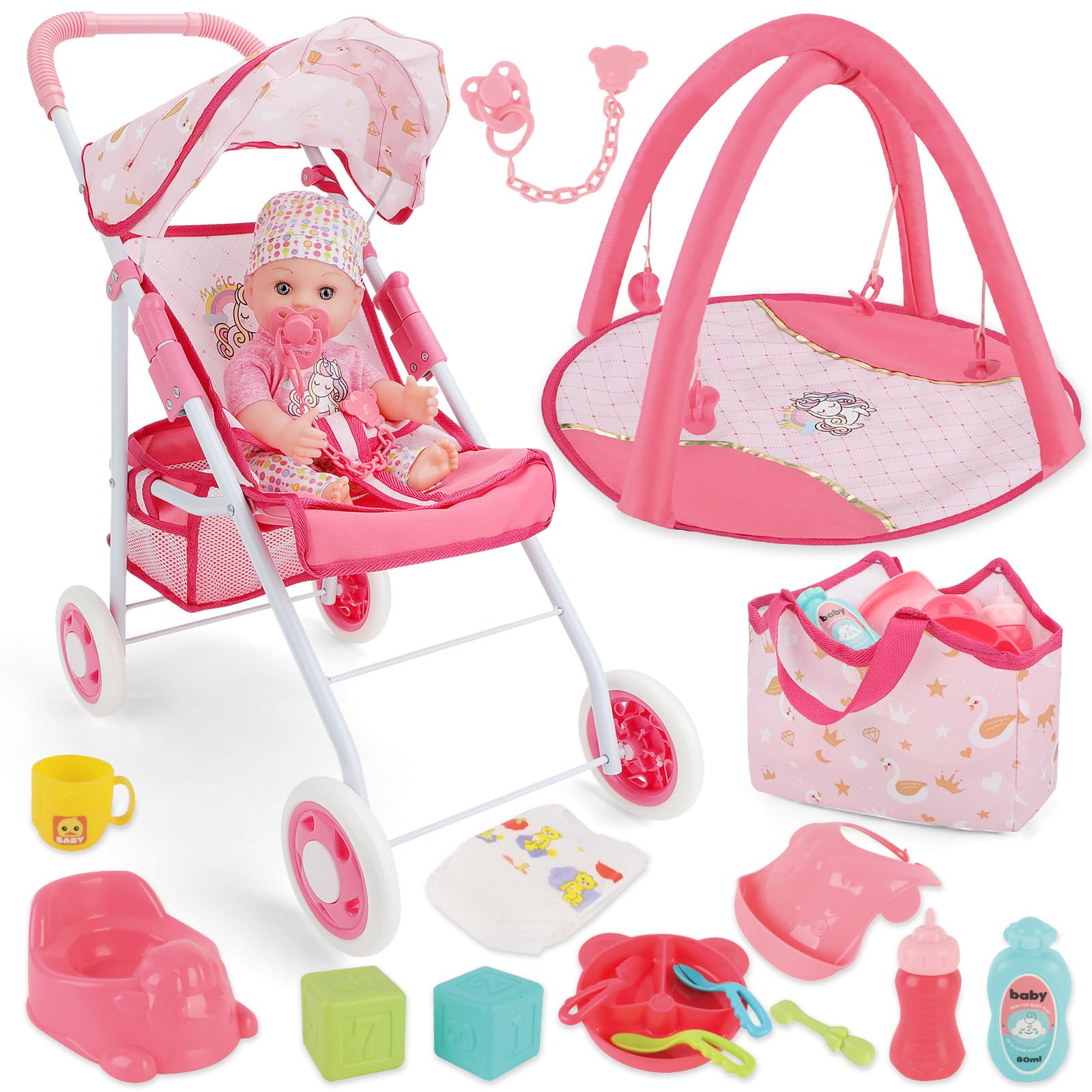 DeAO baby doll stroller with canopy enables portable pretend play.