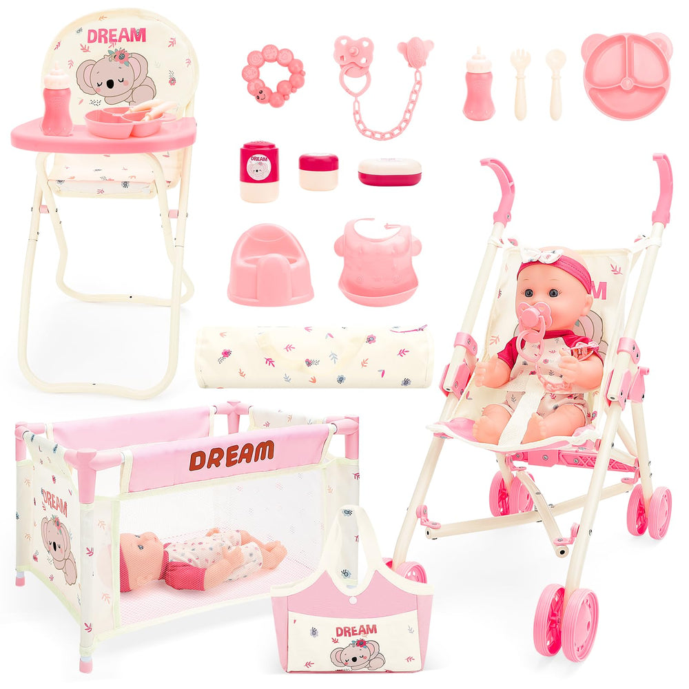 DeAO baby doll stroller set encourages imaginative role-play and nurturing skills.