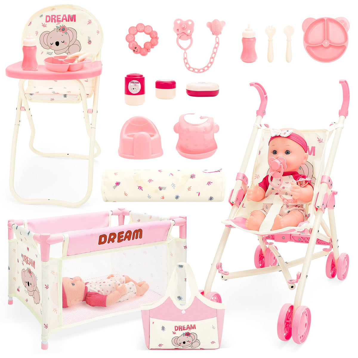 DeAO baby doll stroller set encourages imaginative role-play and nurturing skills.