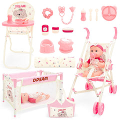 DeAO baby doll stroller set encourages imaginative role-play and nurturing skills.