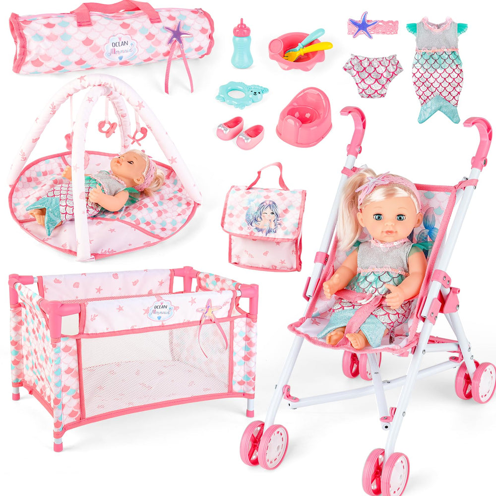 deAO baby doll stroller shows soft fabrics and safe design for imaginative play.