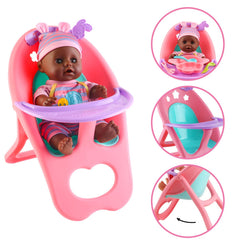 deAO Black Baby Doll Set dining cups and cutlery enable shared pretend meals.