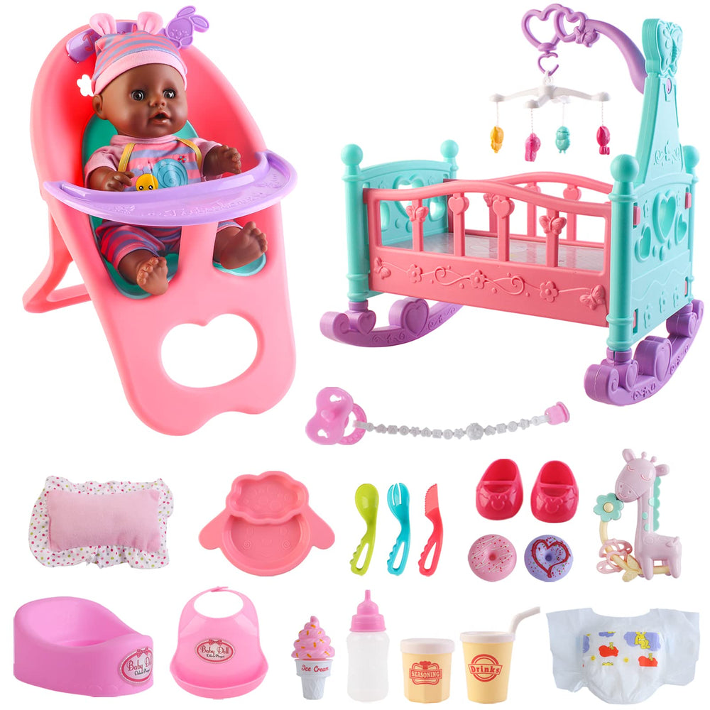 deAO Black Baby Doll Set doll for nurturing play and imaginative care.