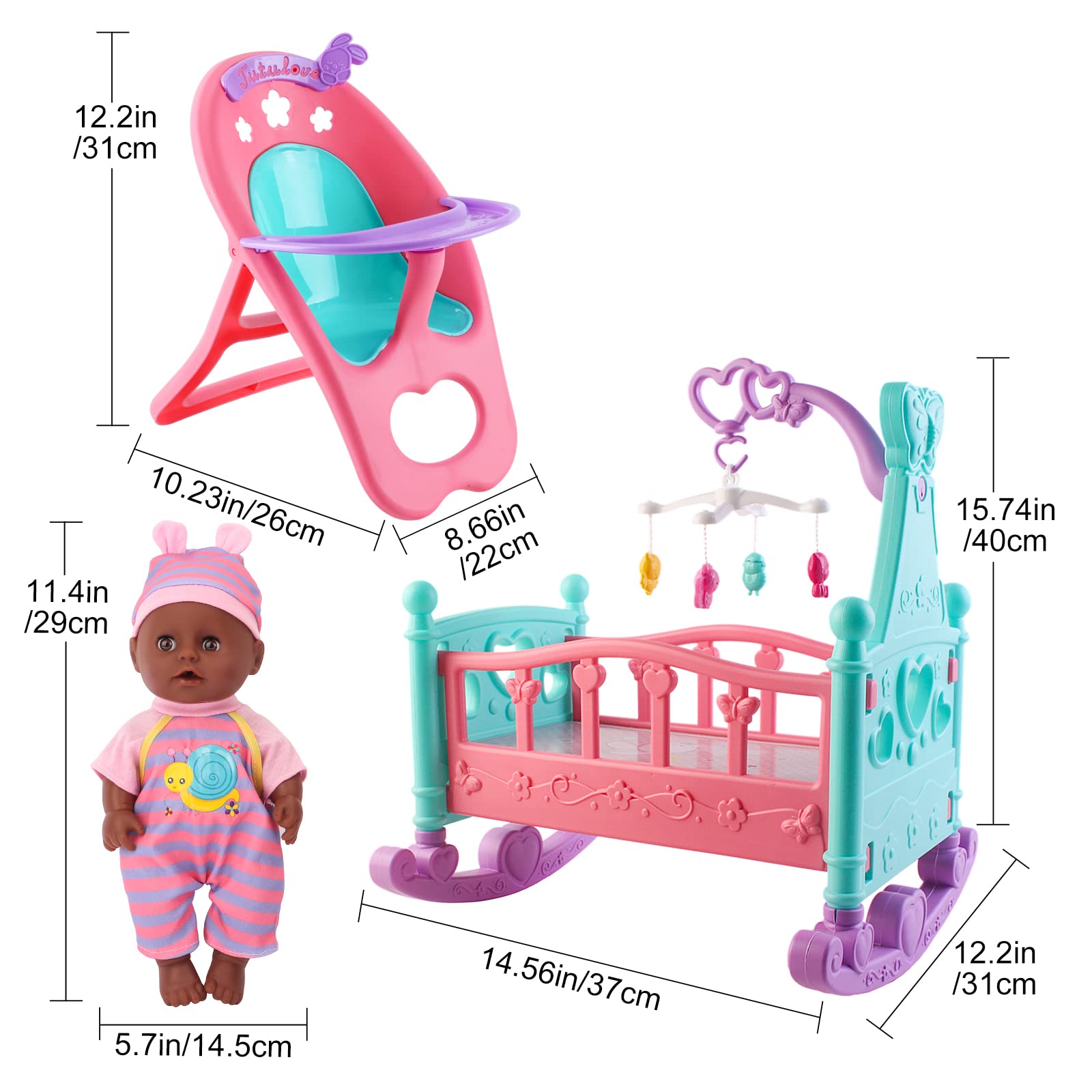 deAO Black Baby Doll Set feeding bottle supports lifelike feeding role play.