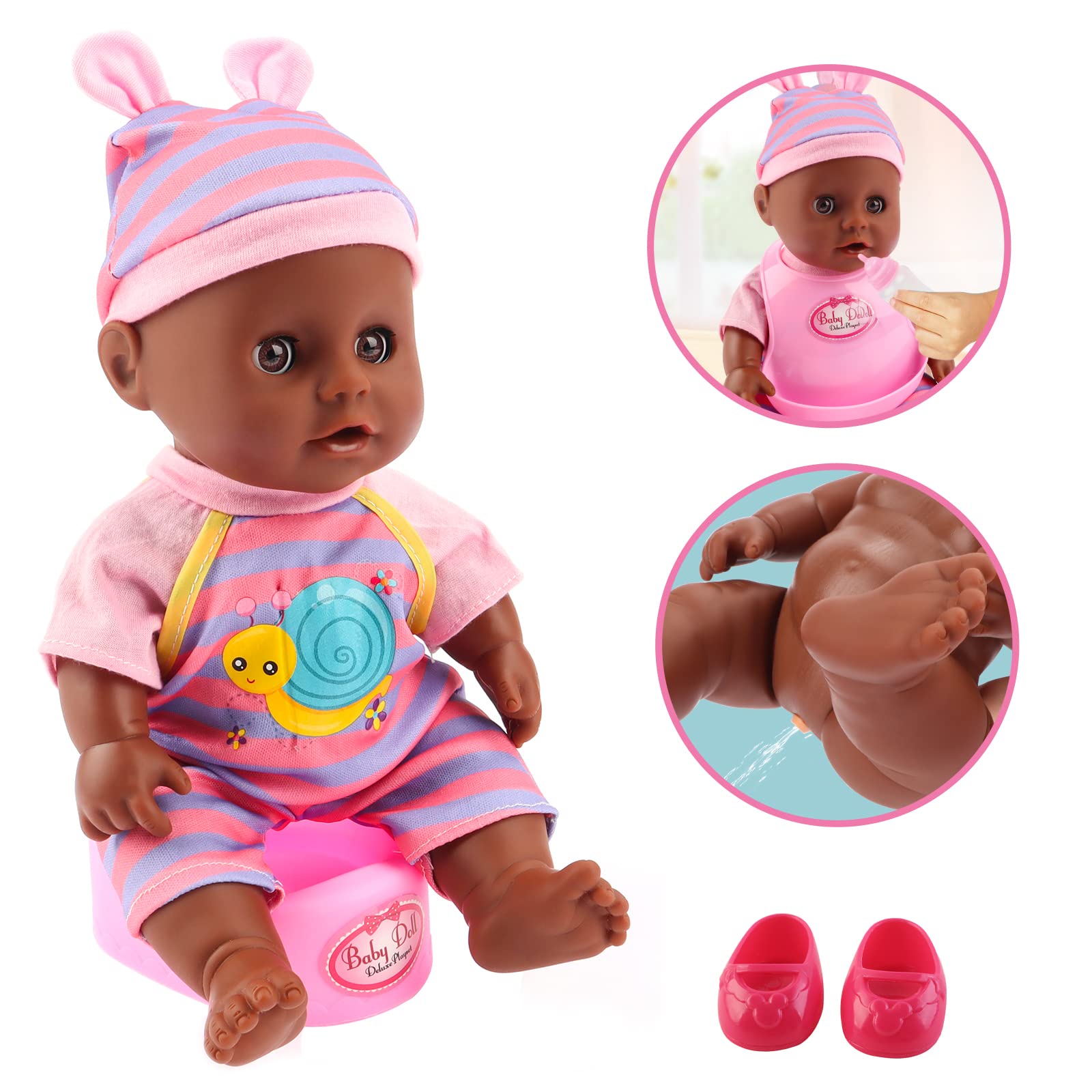 deAO Black Baby Doll Set high chair for realistic mealtime pretend play.