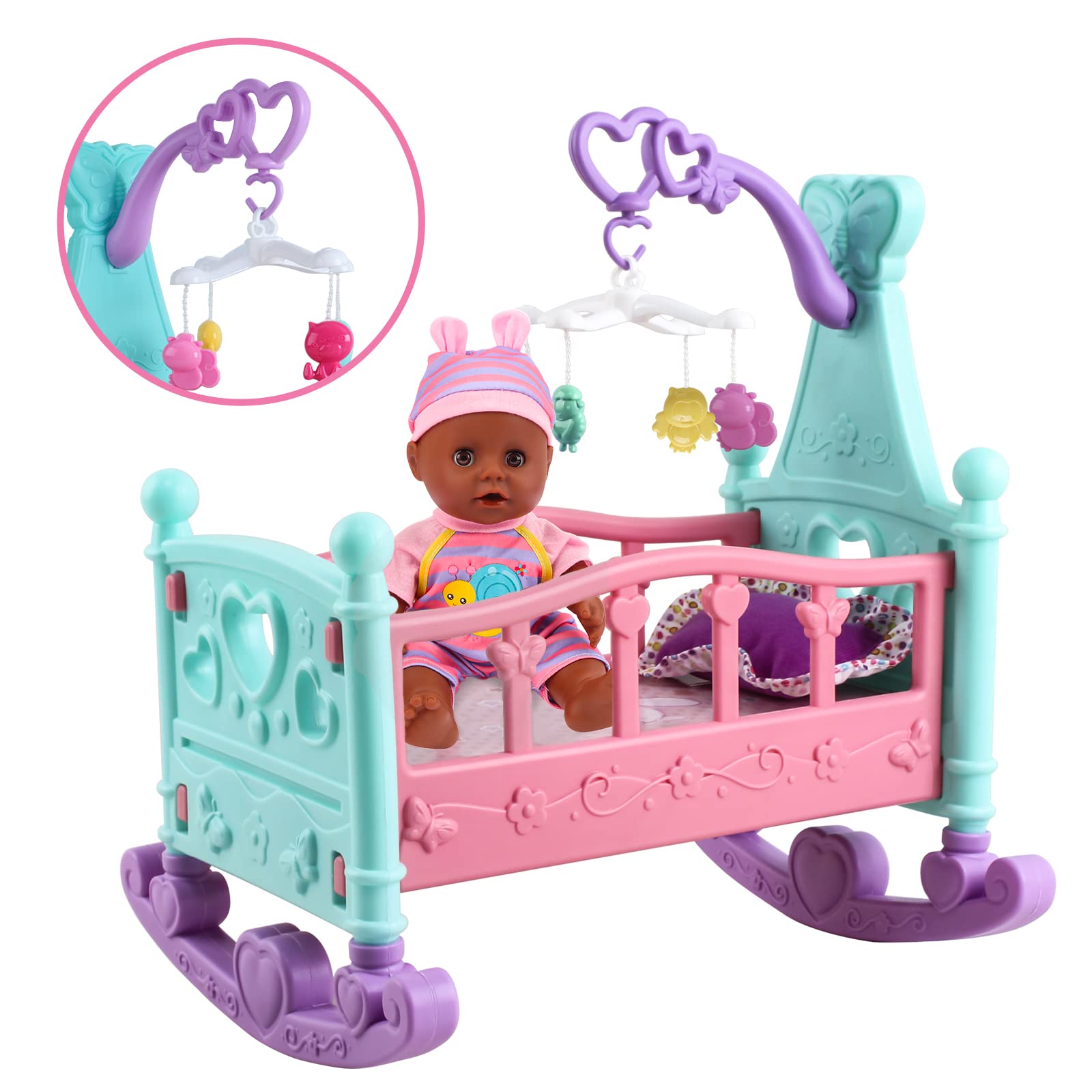 deAO Black Baby Doll Set mini-crib in play scene encourages caregiving narratives.