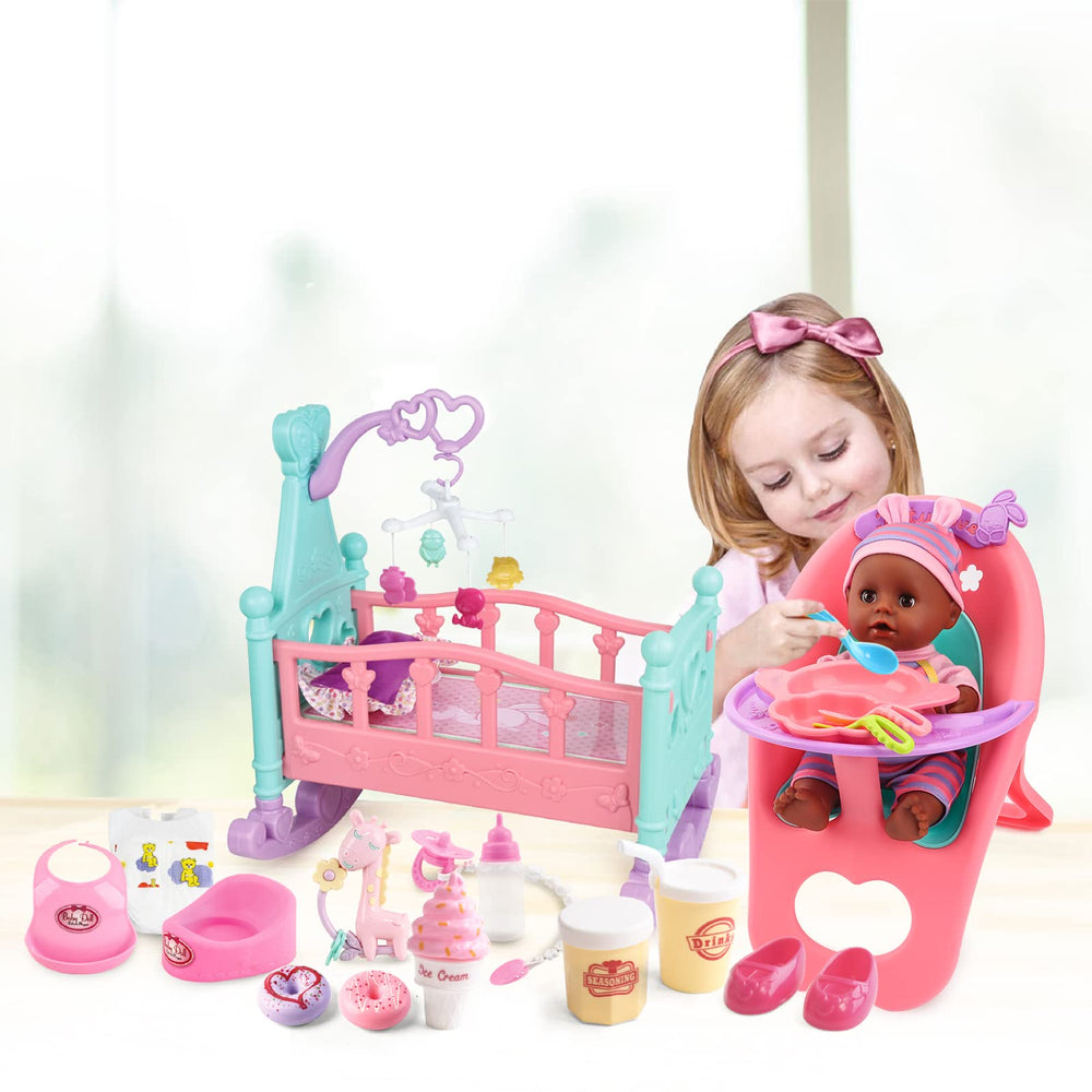 deAO Black Baby Doll Set pacifier accessory enhances soothing caregiver scenarios.