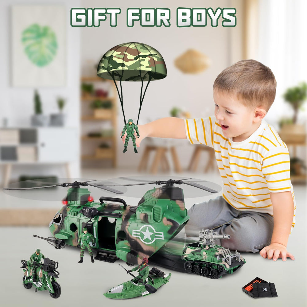 deAO camouflage parachute toy demonstrating safe launch and land play