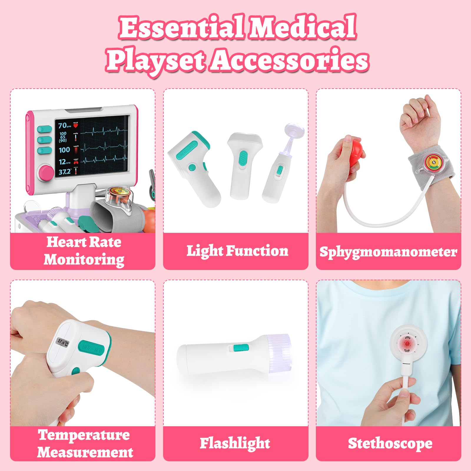 deAO Doctor Kit flashlight highlights patient exams during pretend play