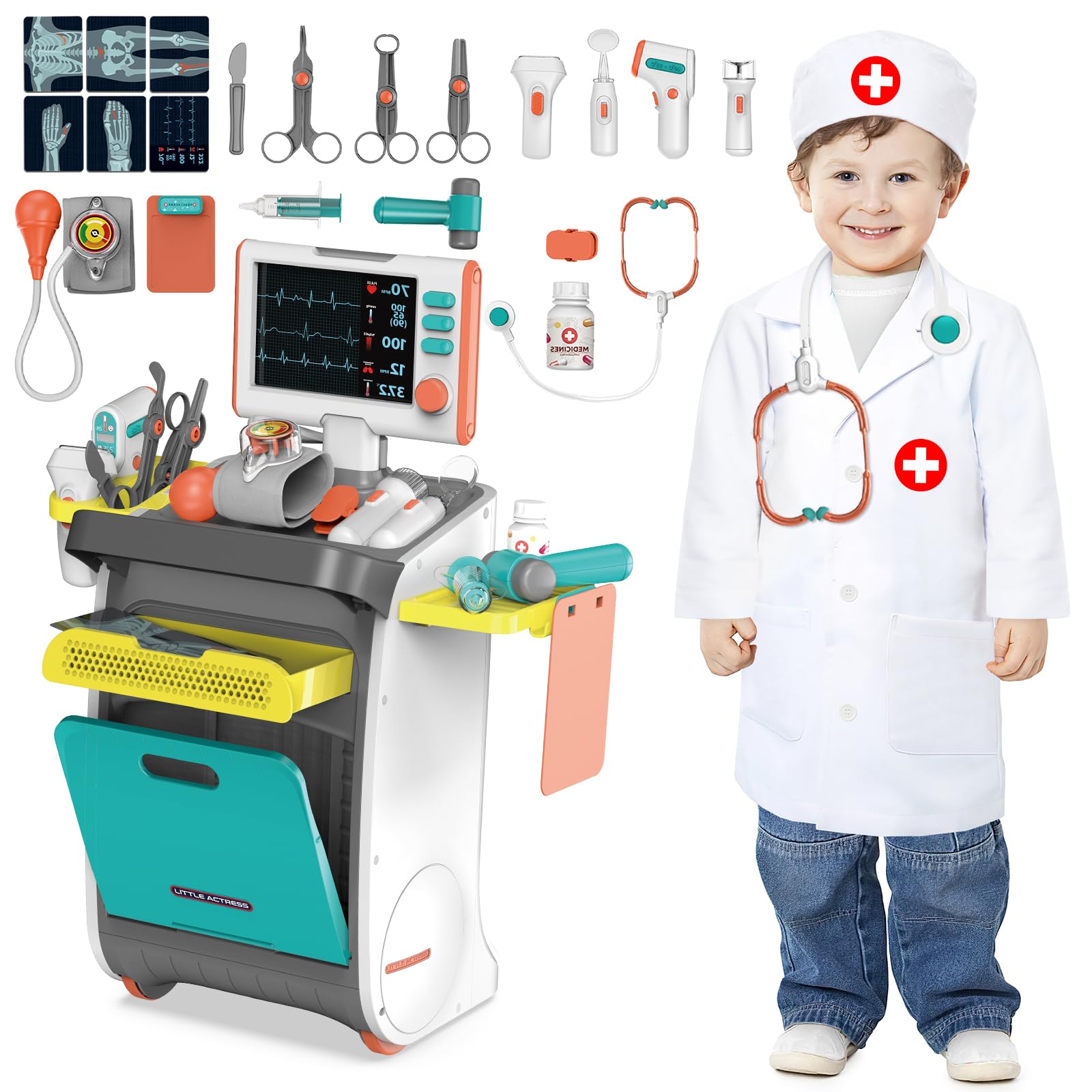 deAO Doctor Kit: toddler doctor cart for push-along pretend play.