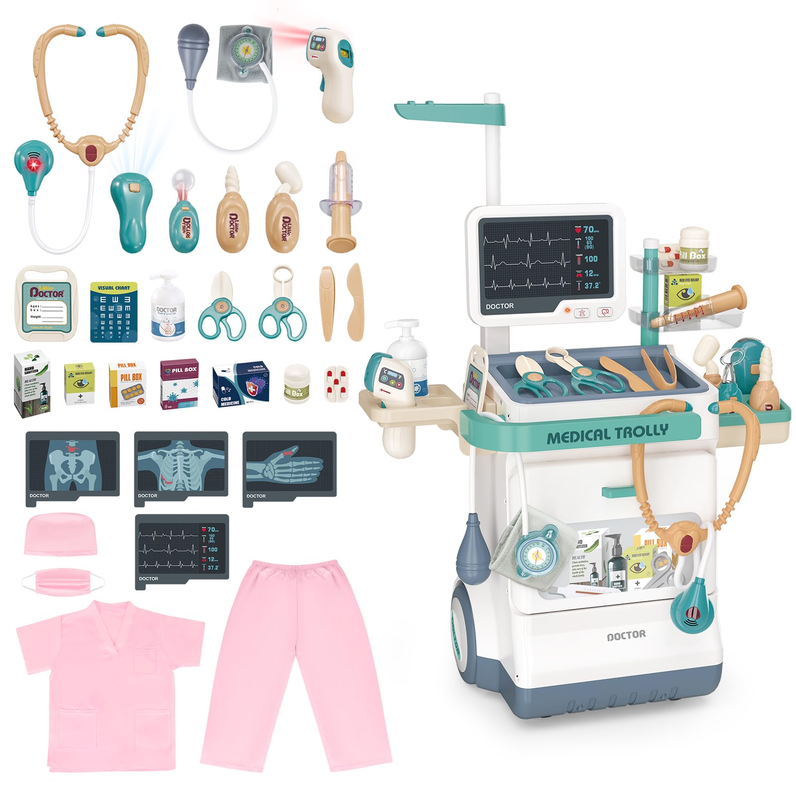 DeAO Doctor Kit for Toddlers in pink with cart, ideal for imaginative role play