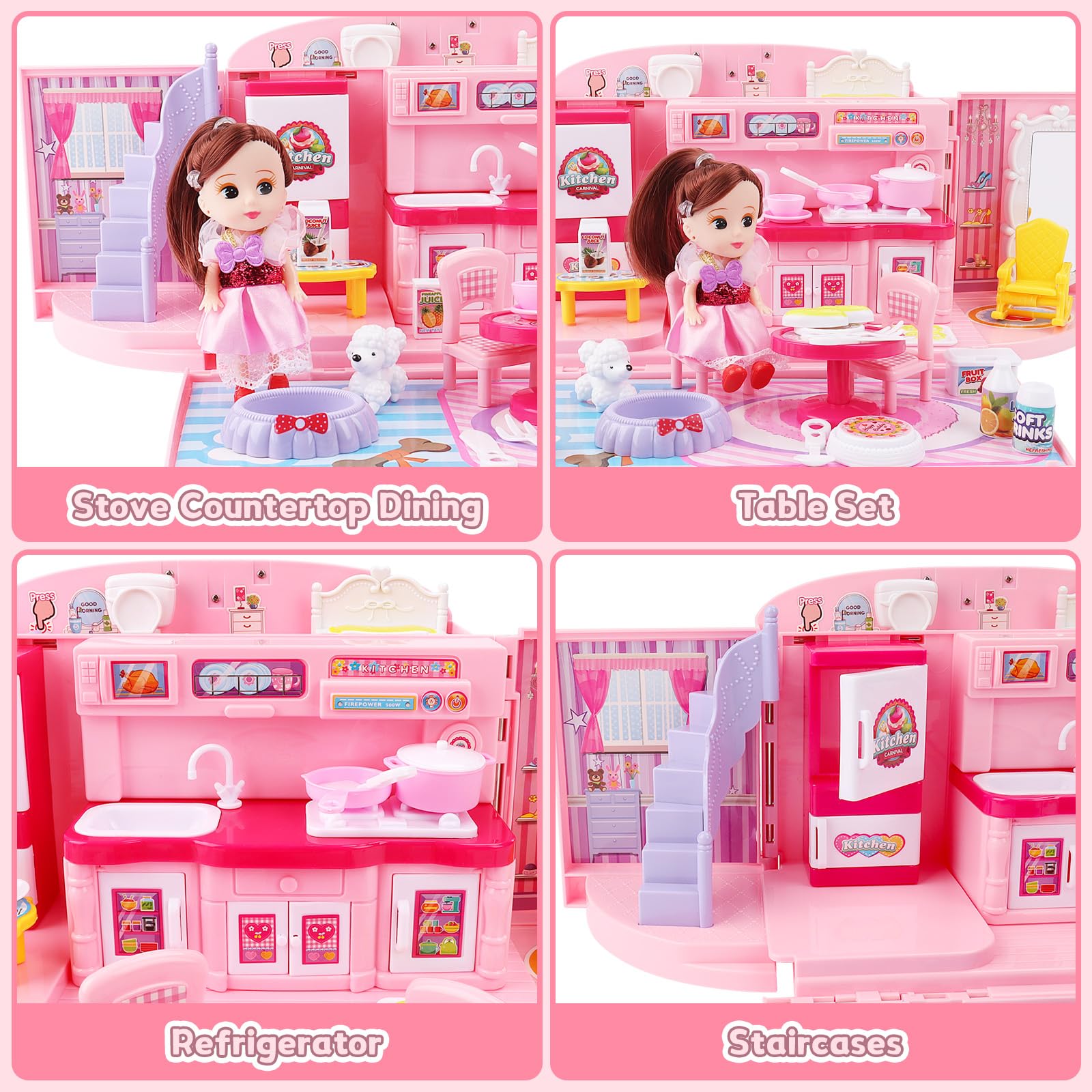 deAO doll house with light and music enhances bedtime or play ambience.