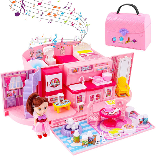 deAO portable pink doll house backpack, ideal for travel and imaginative play.