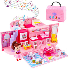 deAO portable pink doll house backpack, ideal for travel and imaginative play.
