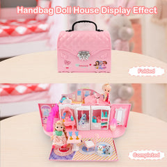 deAO dollhouse portable backpack open showing rooms and dolls for immersive storytelling.