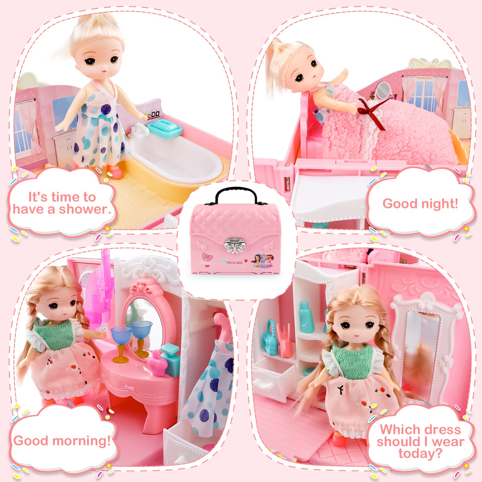 deAO dollhouse living room and bedroom setup highlighting multi-level play areas.