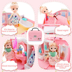 deAO dollhouse living room and bedroom setup highlighting multi-level play areas.