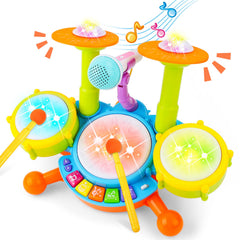 deAO drum set for kids front view, compact and safe for toddlers.