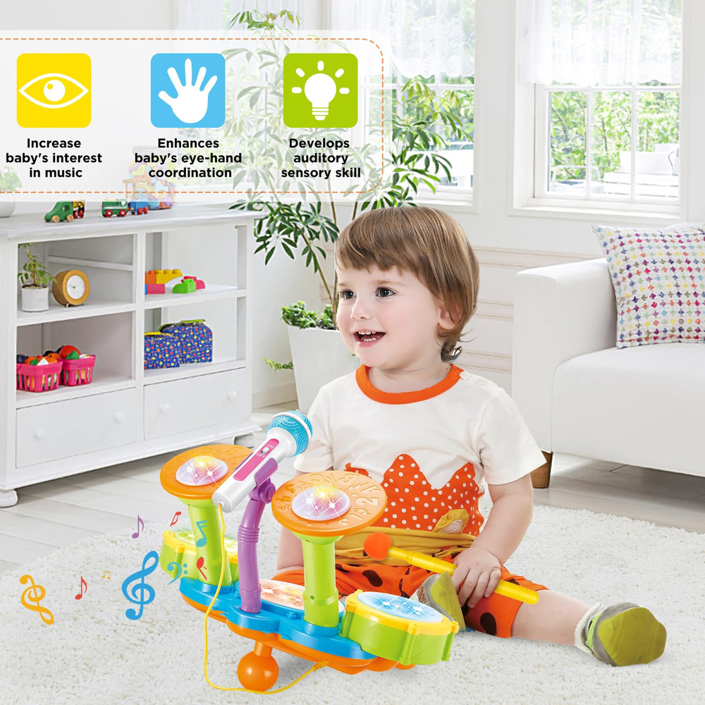 Child plays the deAO drum set, exploring rhythm and light effects.