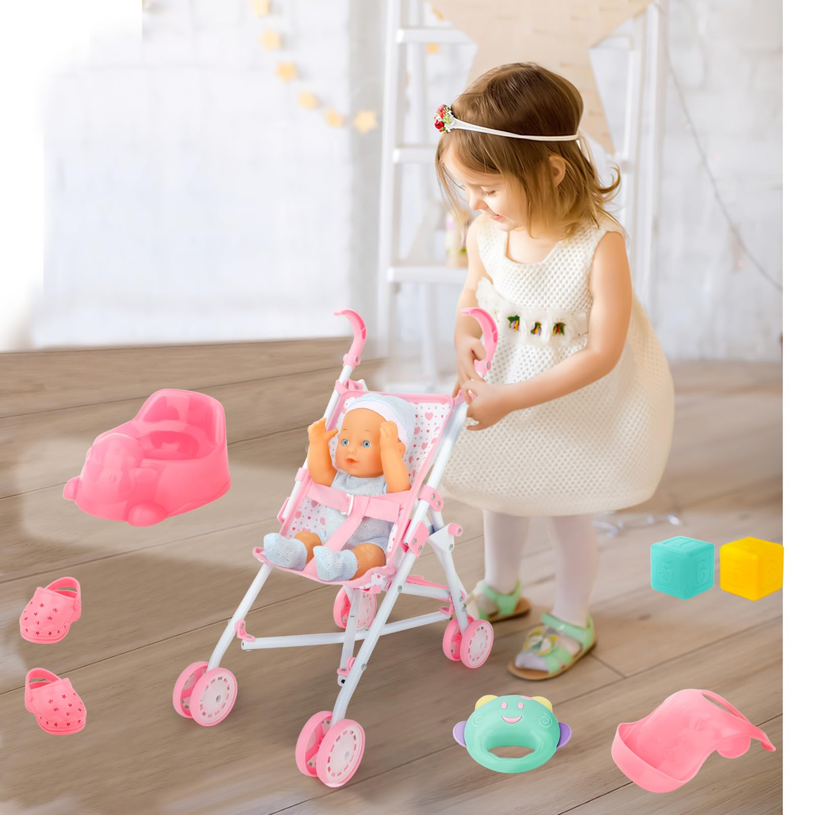 deAO stroller with easy rolling wheels for smooth push-and-go play.