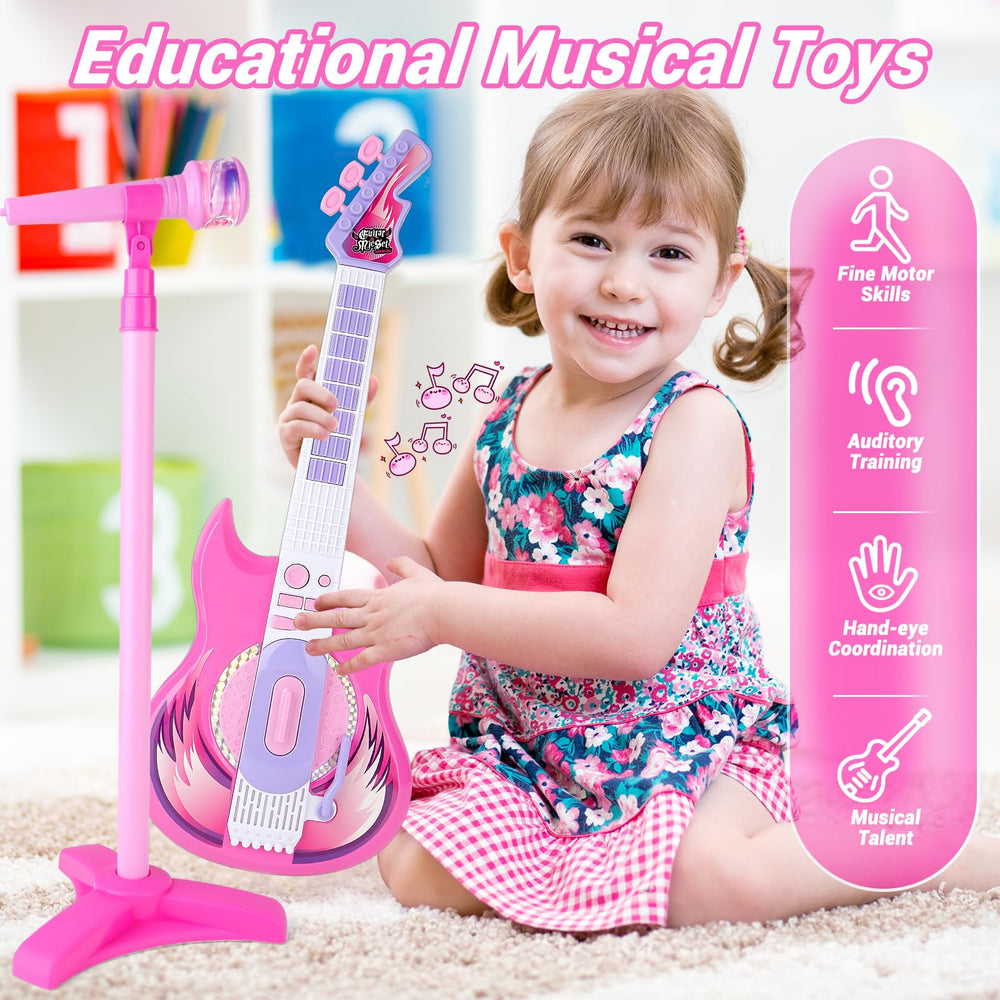 deAO electric guitar toy for kids with bright colors encourages tactile, hands-on learning.