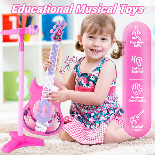 deAO electric guitar toy for kids with bright colors encourages tactile, hands-on learning.