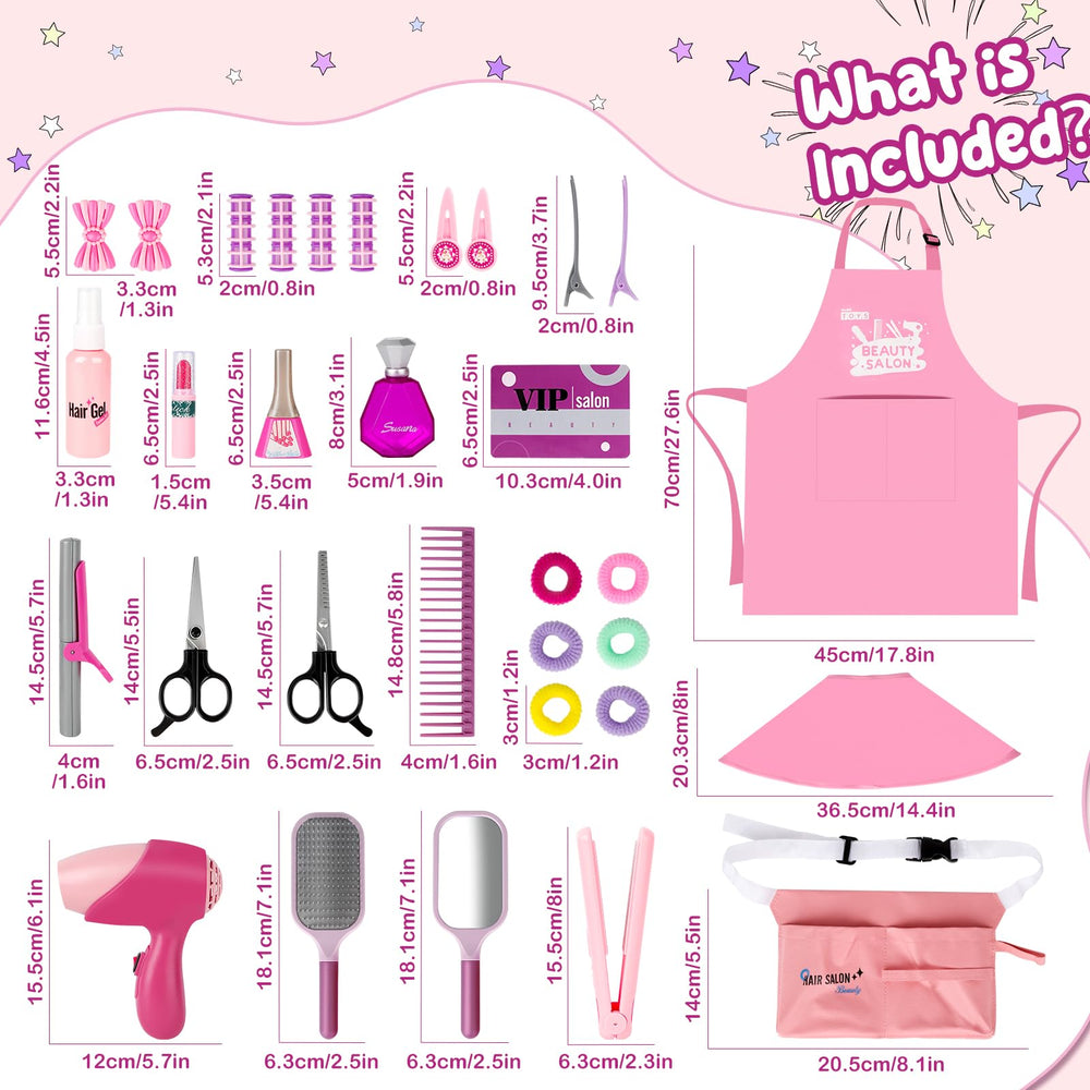 deAO Girls Beauty Salon Set apron highlights pretend barber attire for role-play.