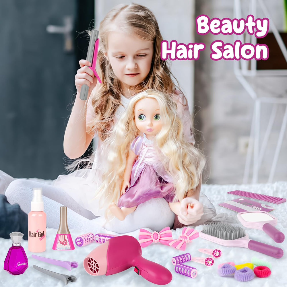 deAO Girls Beauty Salon Set dolls hair styling with included comb and clips.