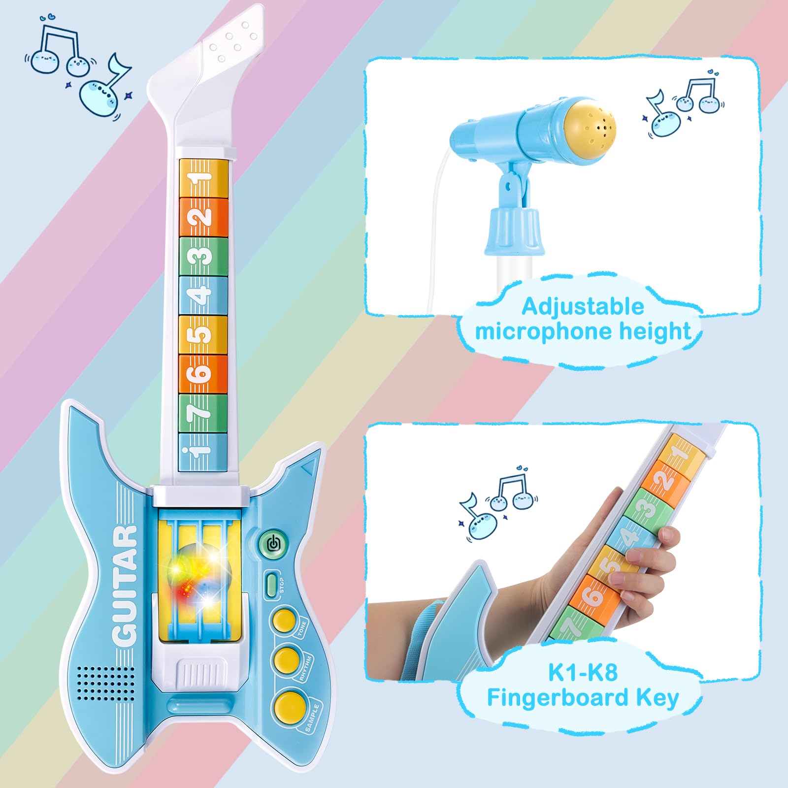 deAO Kids adjustable microphone stand blue demonstrates stable height for singing