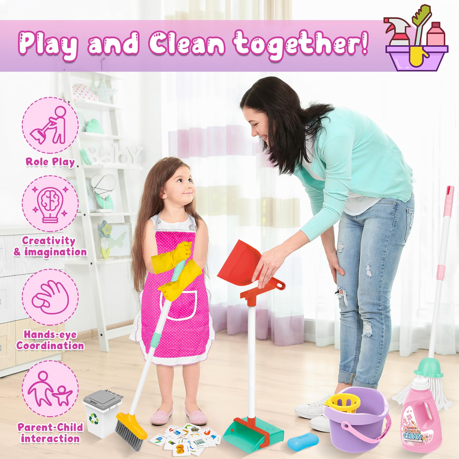 deAO Kids Cleaning Set mop for engaging cleanup during playtime.