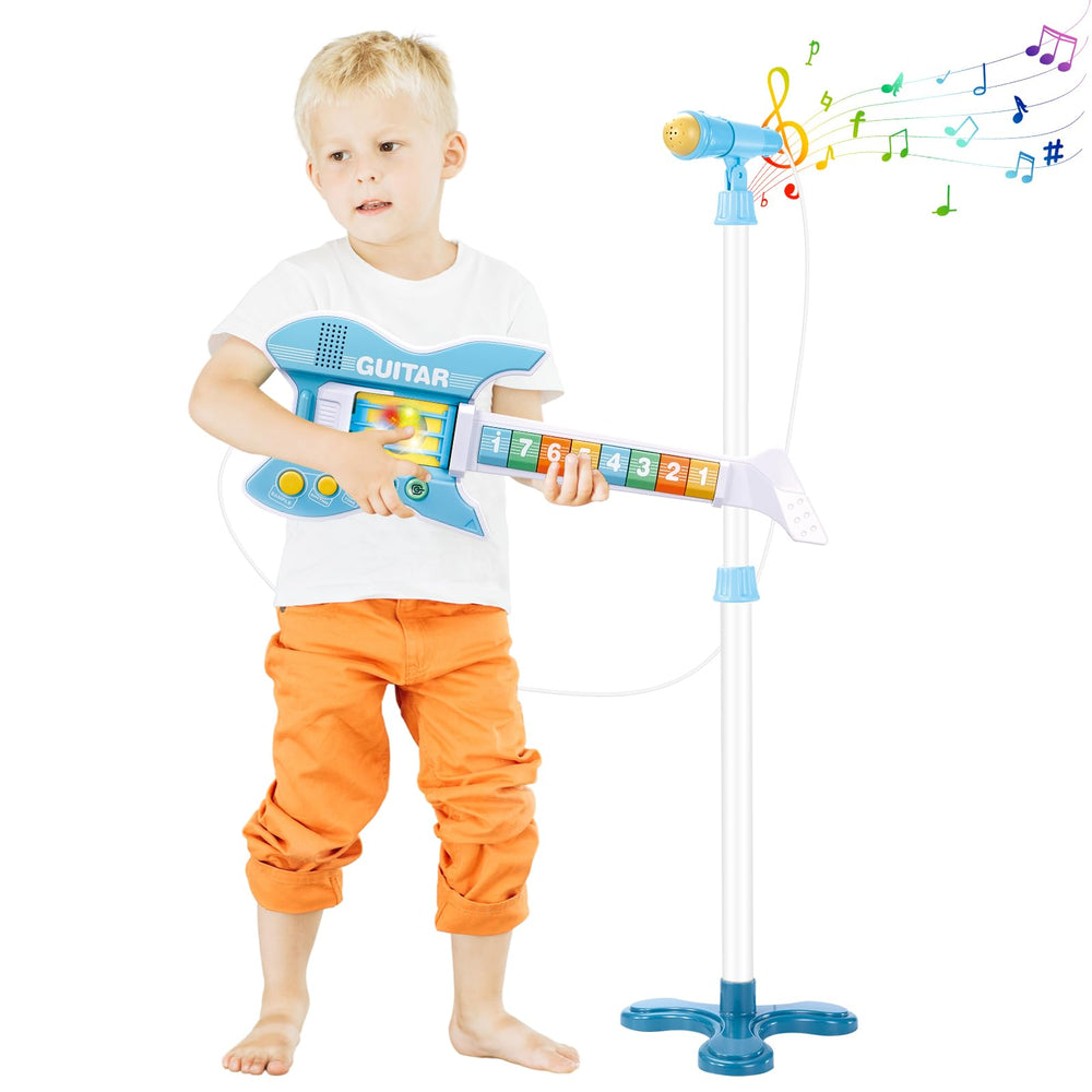 deAO Kids Guitar blue fretboard closeup shows learning-friendly fretboard with eight keys