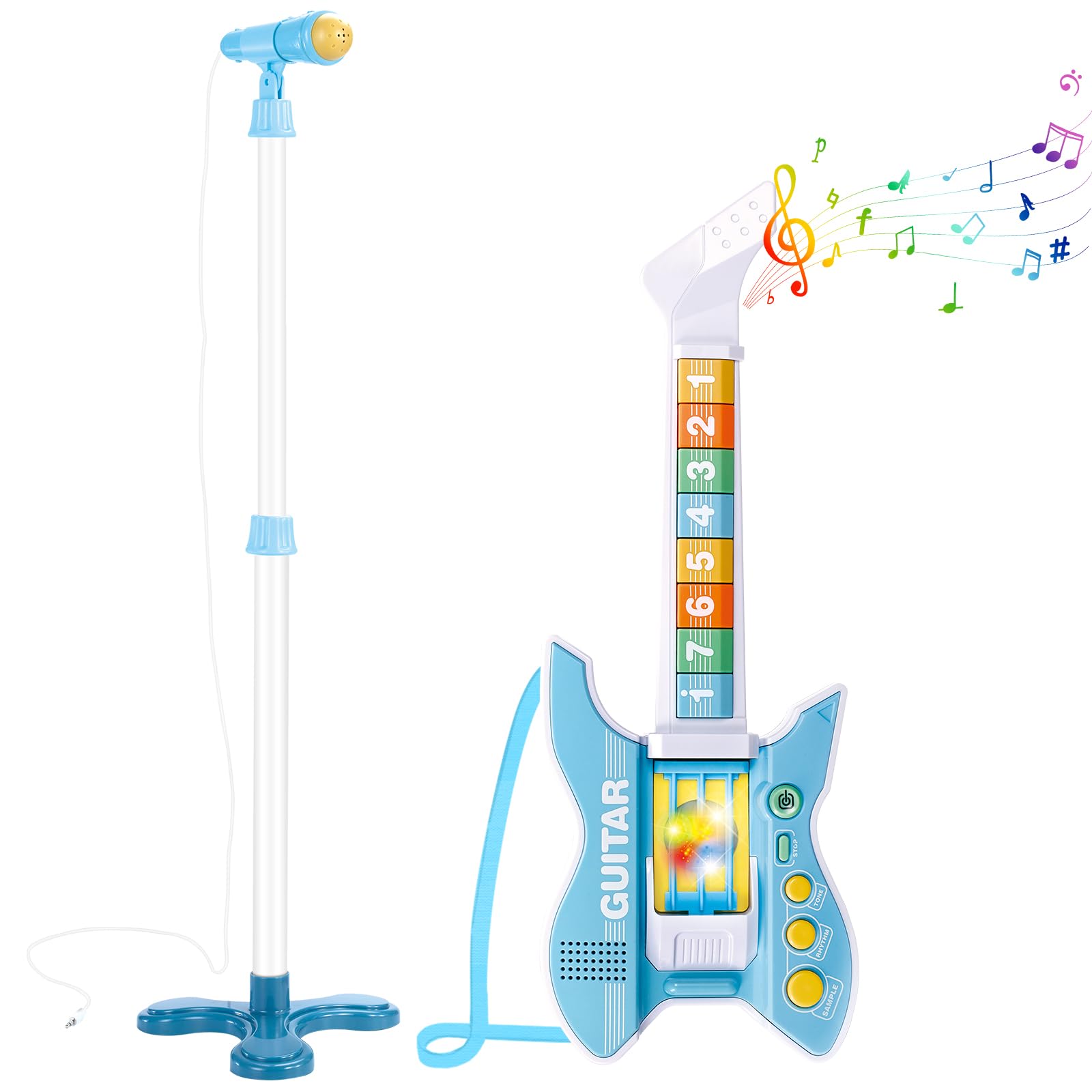 deAO Kids Guitar and Microphone Set blue full view enables imaginative musical play