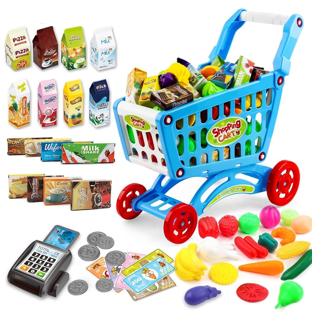 deAO Kids Shopping Cart blue front view promotes imaginative grocery play