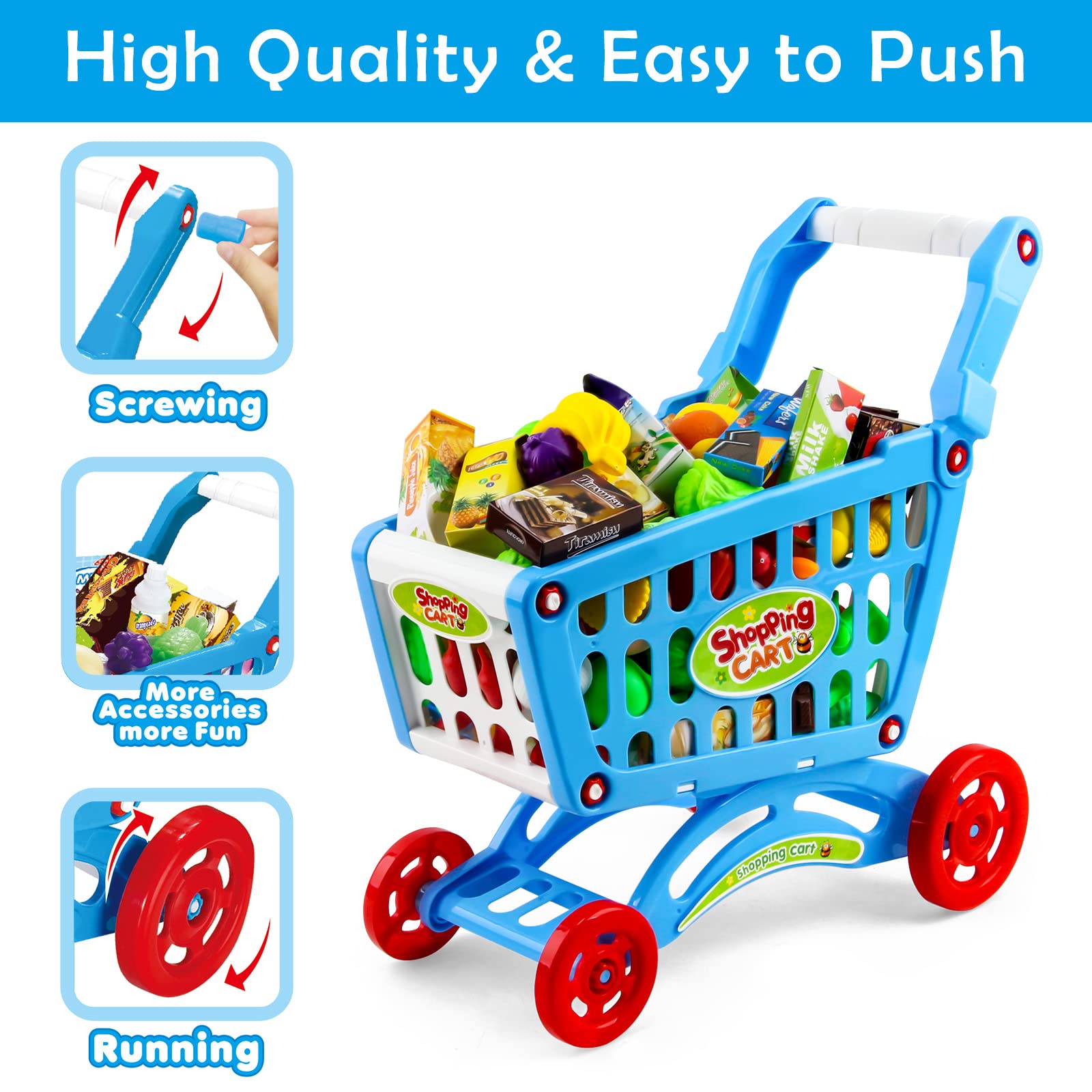 deAO Kids Shopping Cart blue with vegetables aids creative play